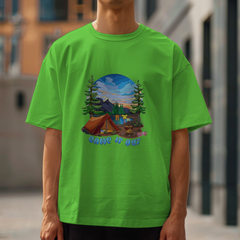 "Camp it out" Green Oversized Graphic Placement T-shirt