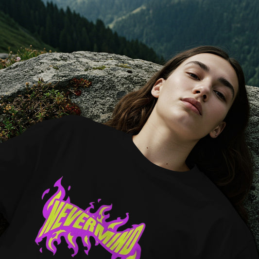 "Nevermind" Unisex Oversized graphic placement T-Shirt