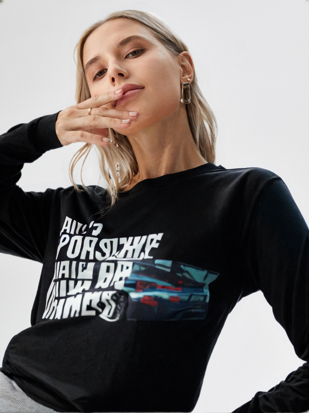 Black "Porsche" Oversized Graphic Placement T - shirt