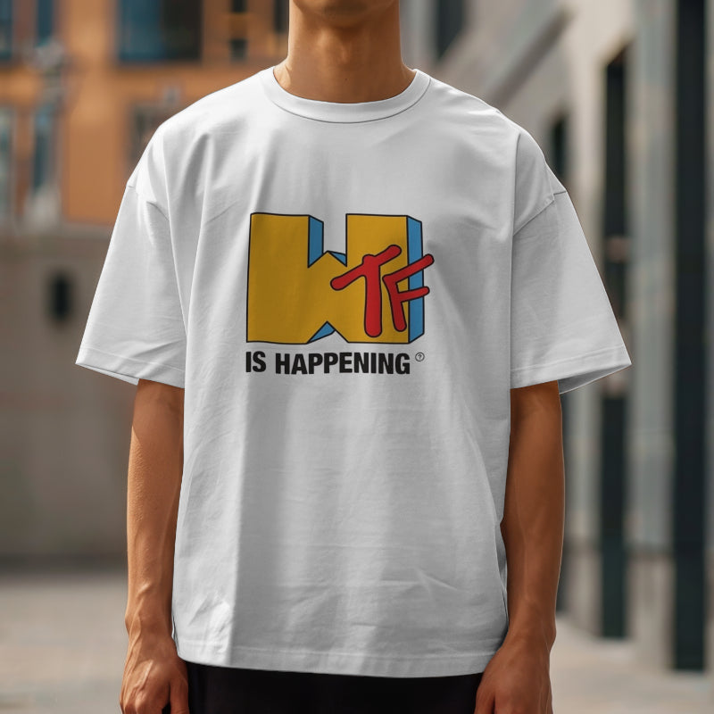 WTF White Oversized Placement Graphic Printed T-shirt