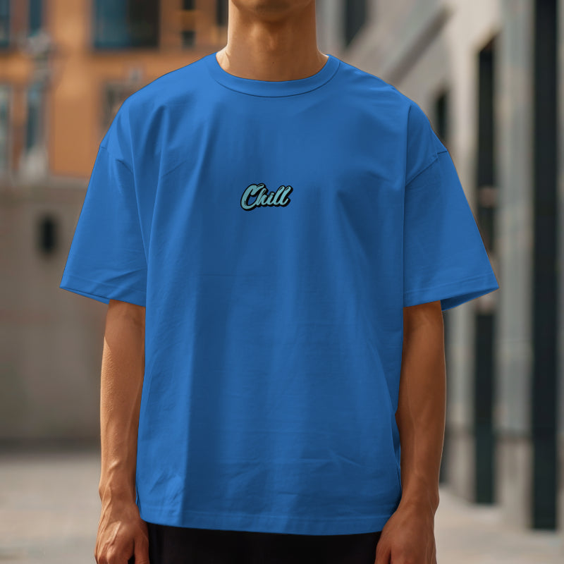 "Chill" Blue Oversized Placement Printed T-Shirt