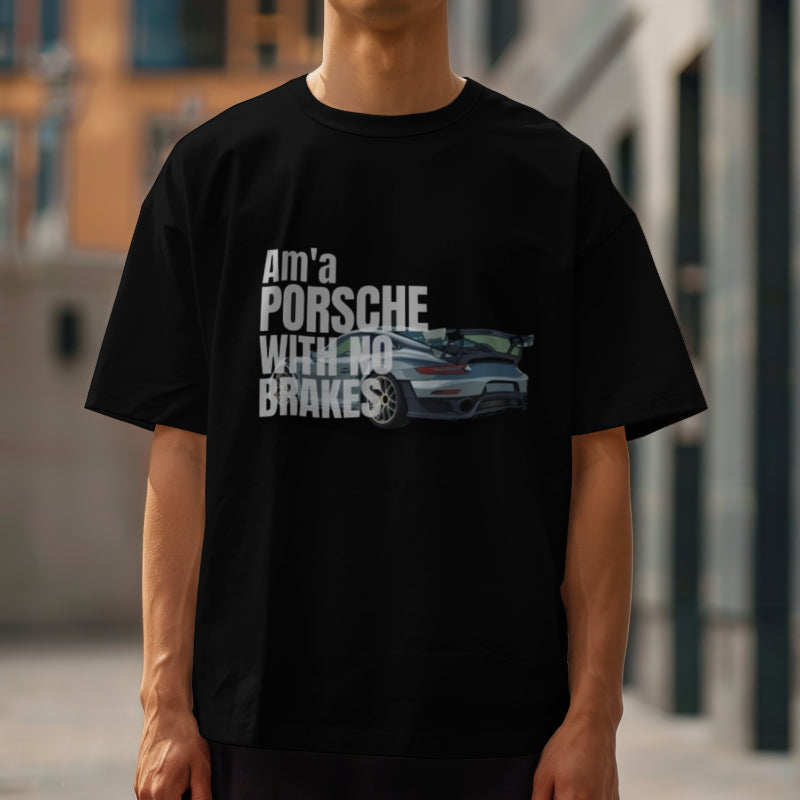 Black "Porsche" Oversized Graphic Placement T - shirt