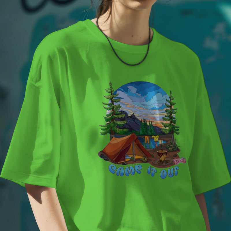 "Camp it out" Green Oversized Graphic Placement T-shirt